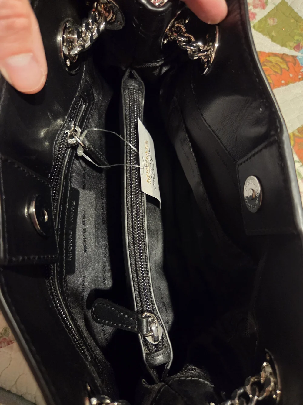 Michael Kors Black Logo Tote with Silver Chain Handles